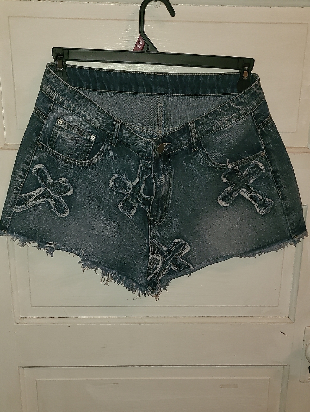 SHEIN Dark Blue Distressed Jean Shorts with Cross Appliqués